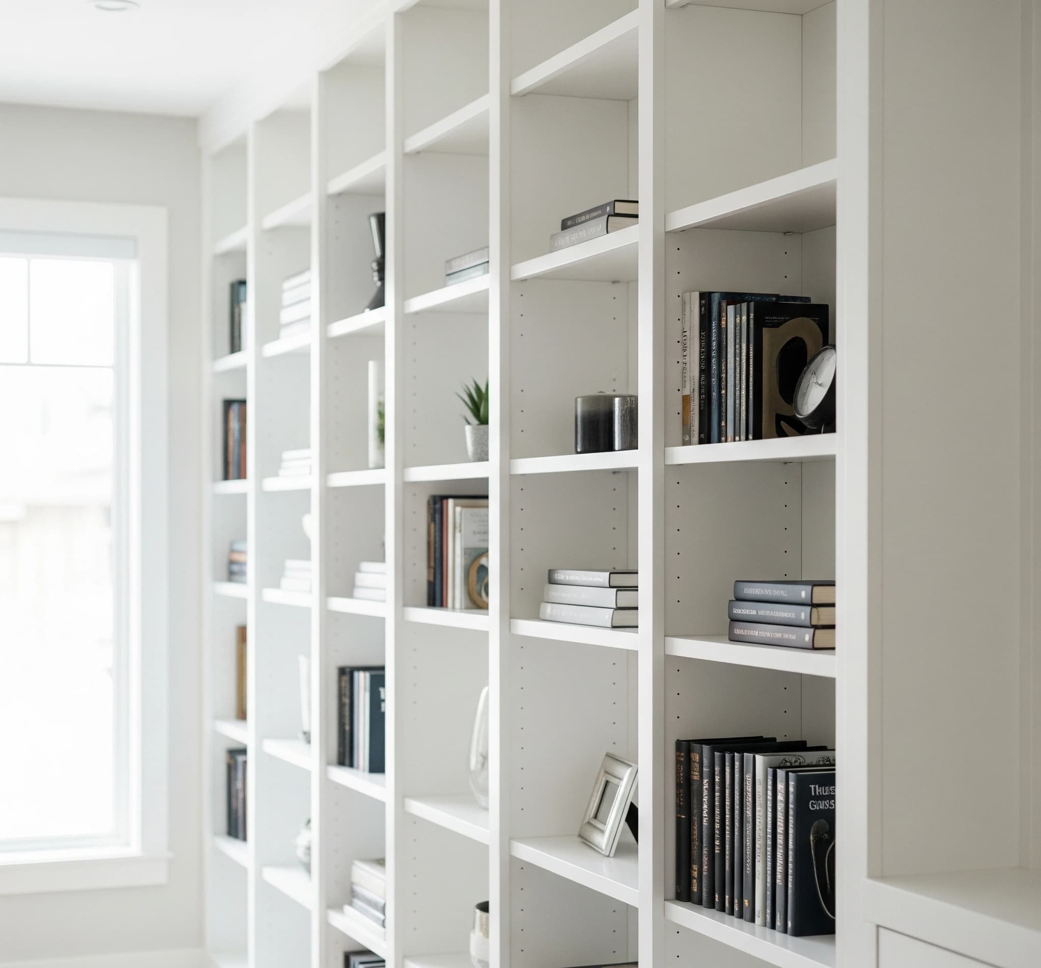 A close-up of the finished custom white shelving filled with books and decor