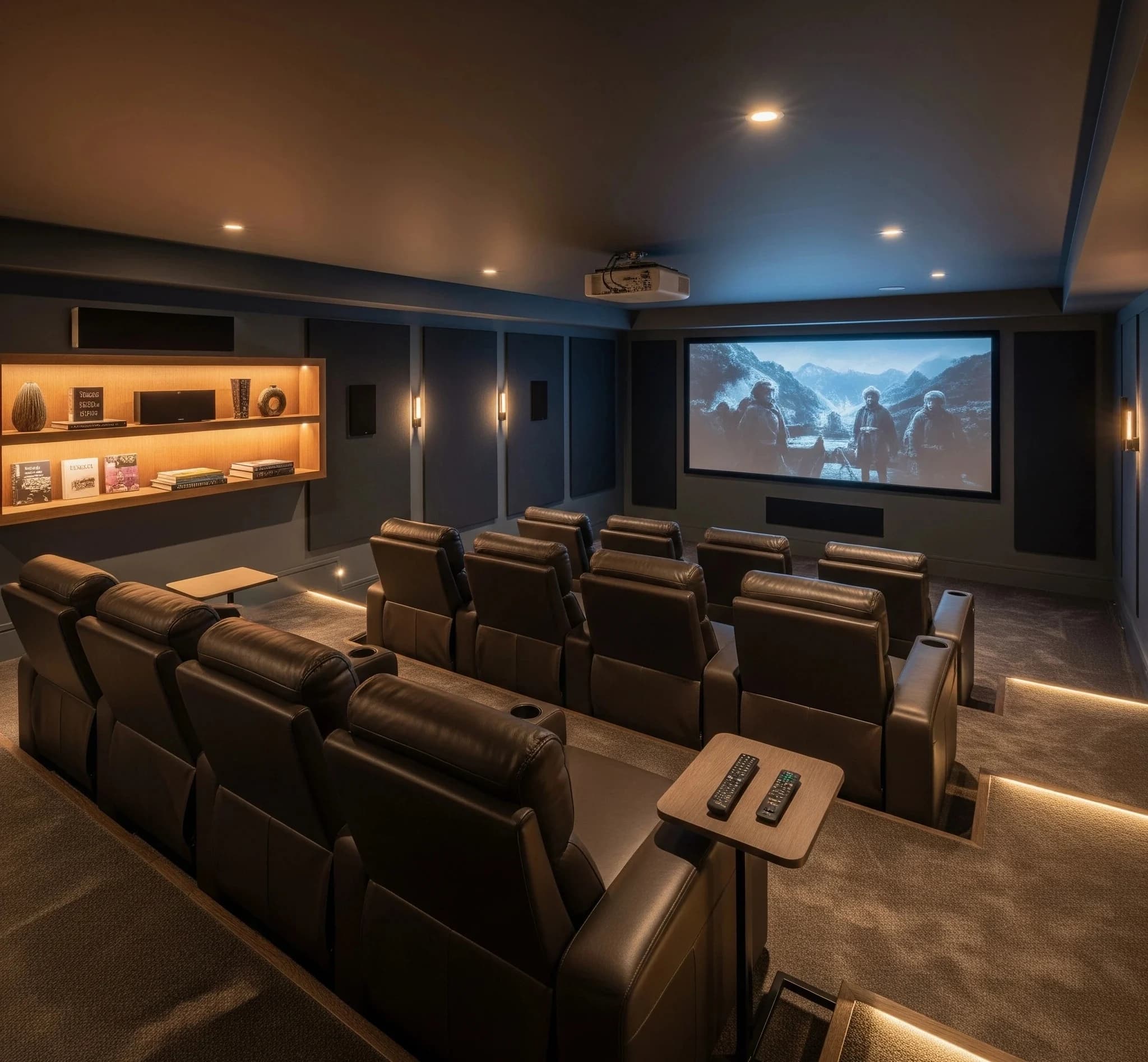 The completed basement home theatre with tiered leather recliner seats