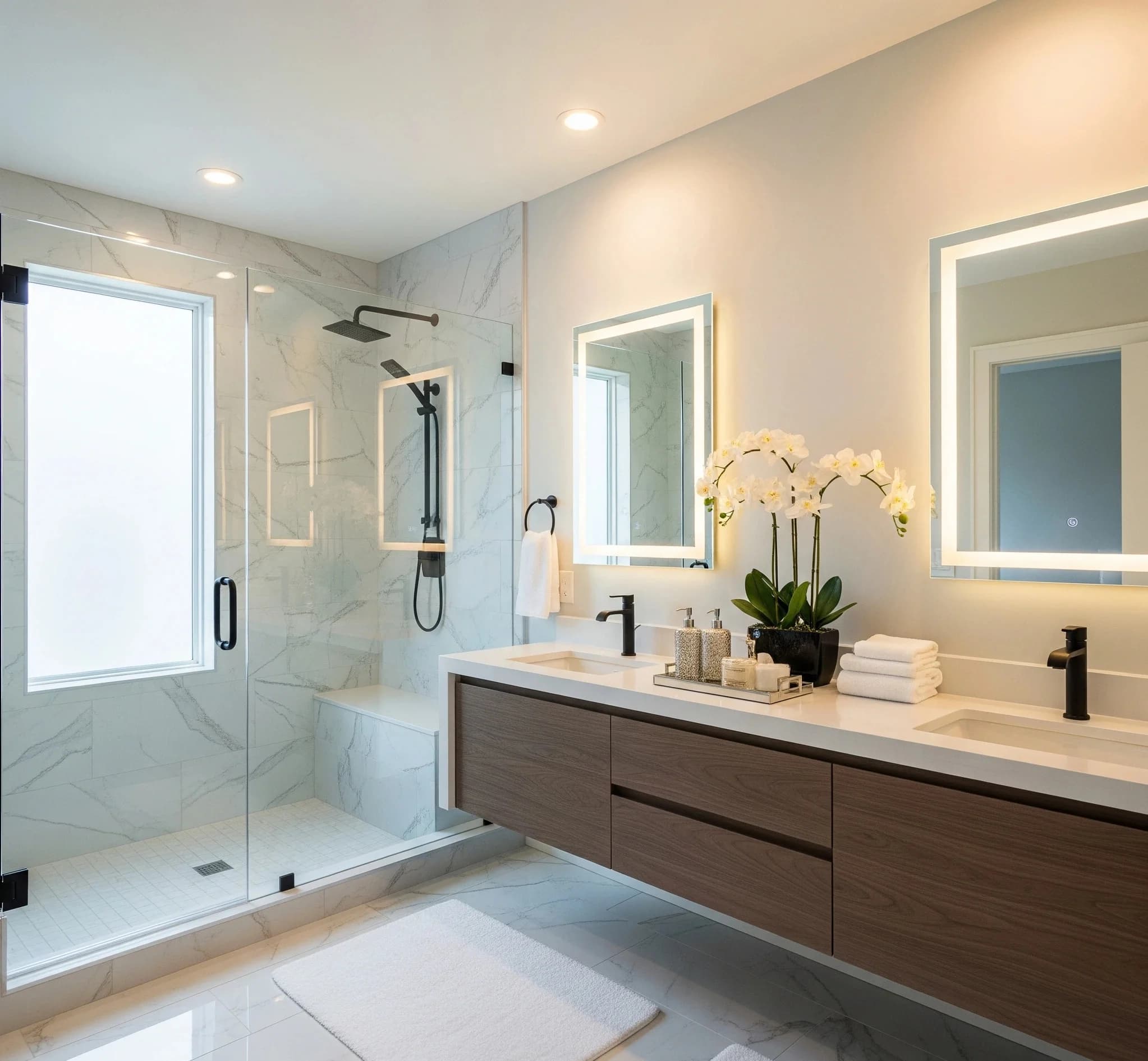 The completed luxury ensuite bathroom with a floating double vanity