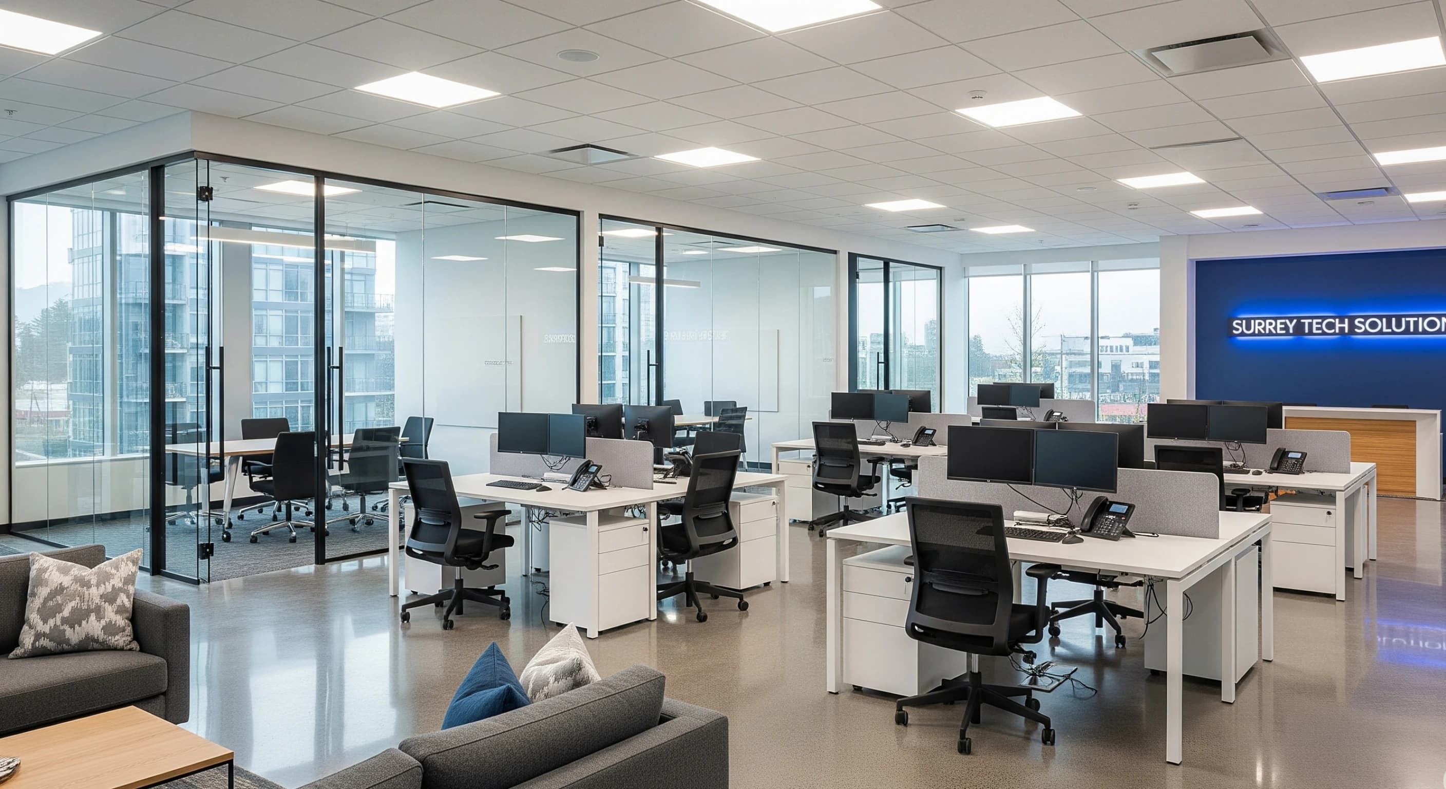 The completed commercial office space with glass-walled meeting rooms