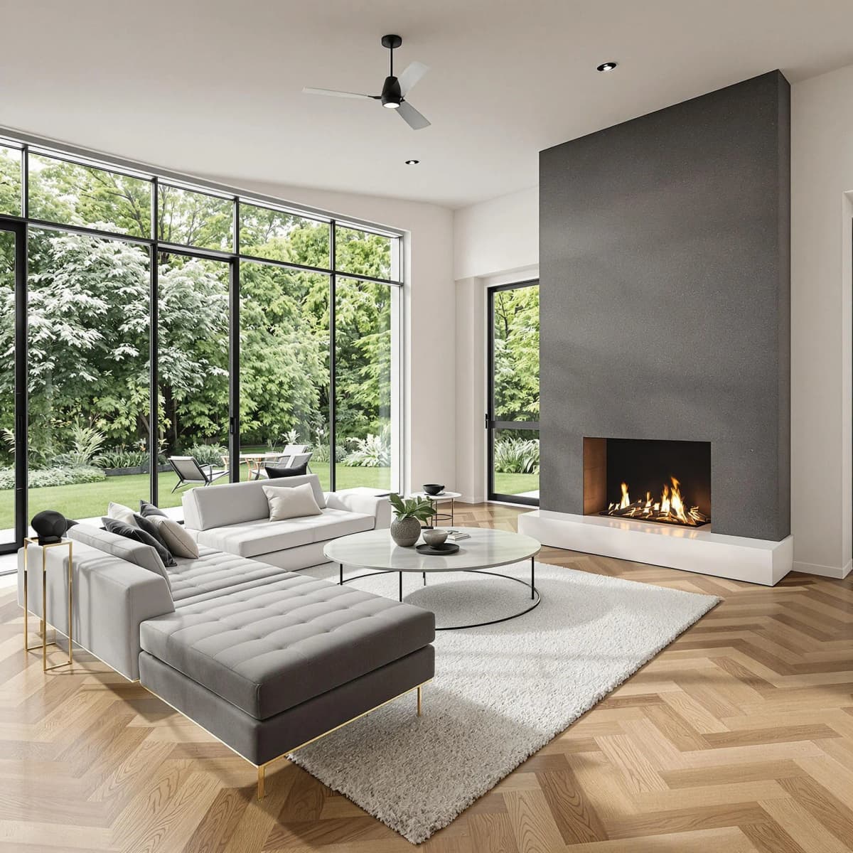 A bright, modern living room after a full home renovation.